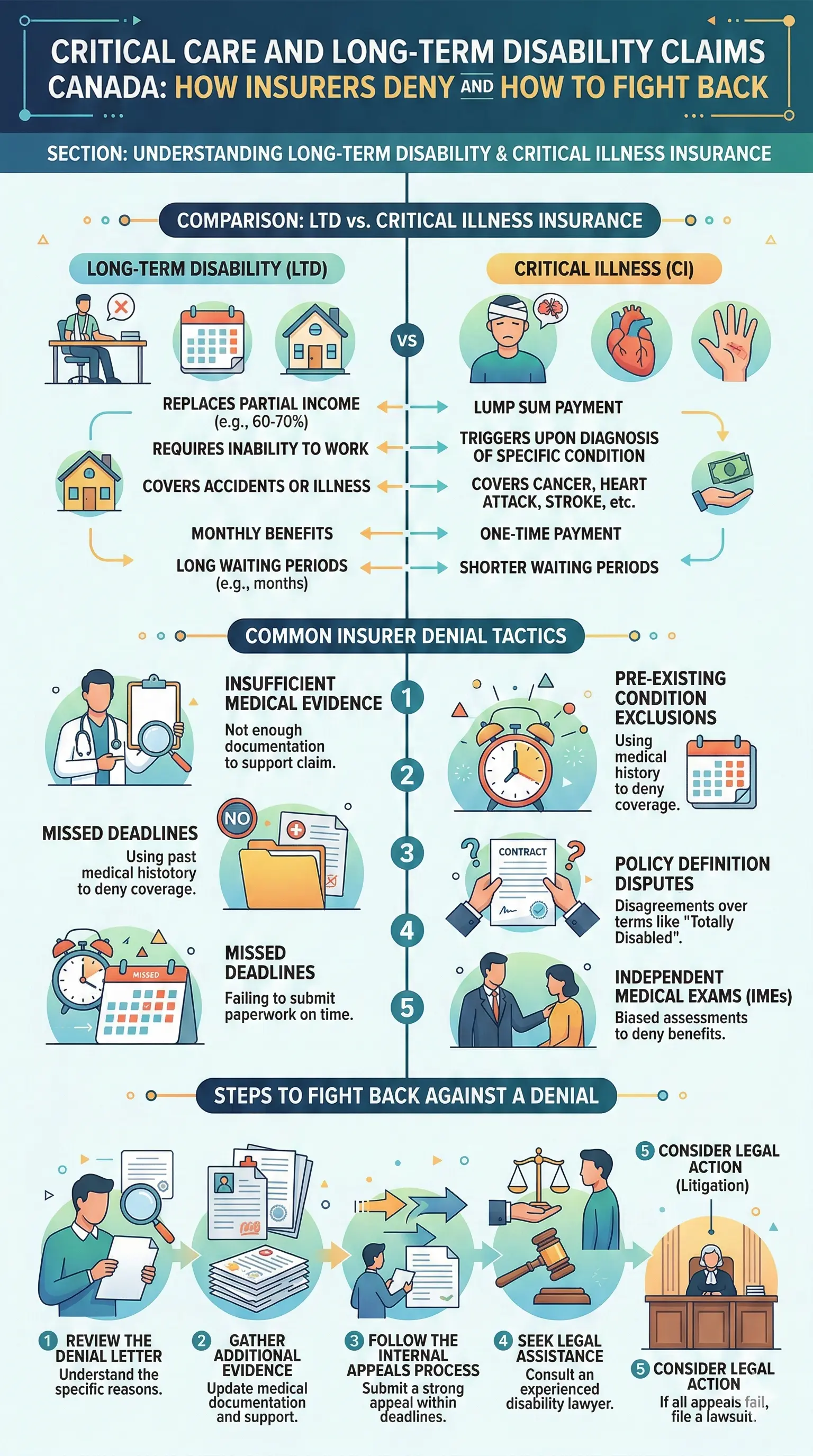 Infographic: Critical Care and Long-Term Disability Claims Canada: How Insurers Deny and How to Fight Back — key facts and figures at a glance